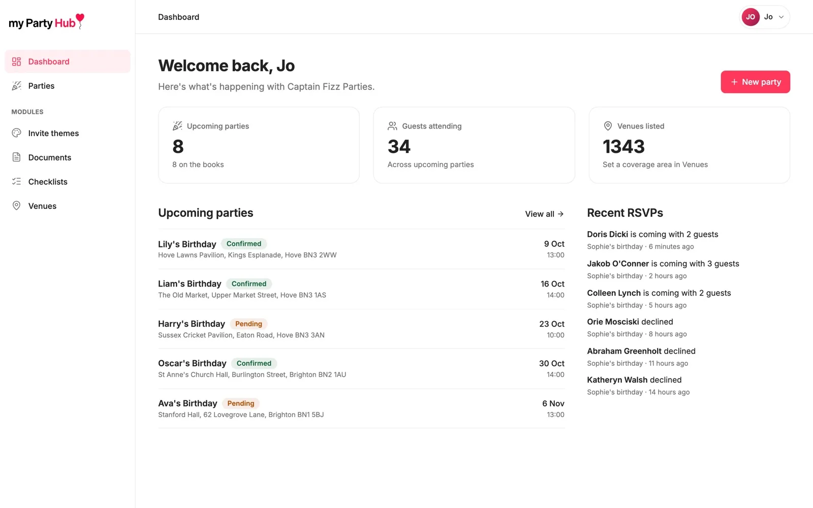 The owner dashboard showing upcoming parties and guests attending