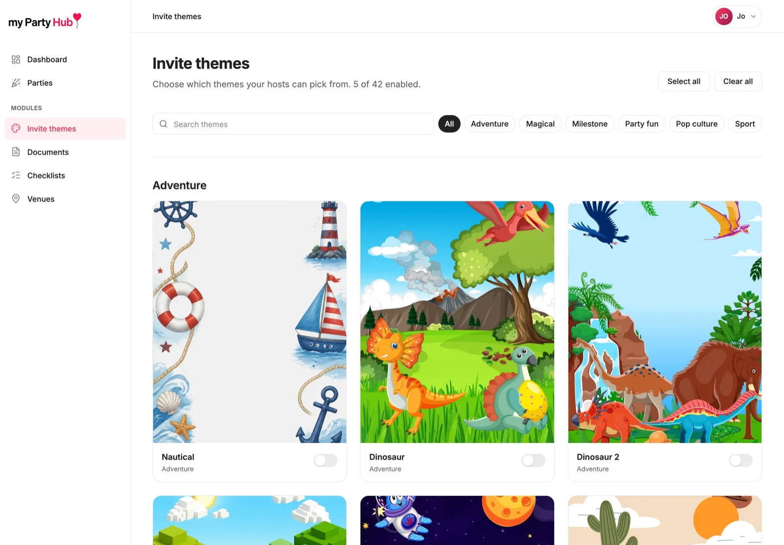 The invite theme picker, showing themes to choose from