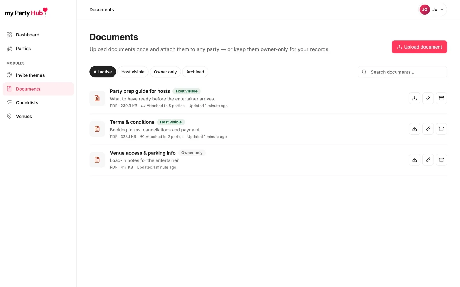 The documents screen, listing files that can be attached to parties