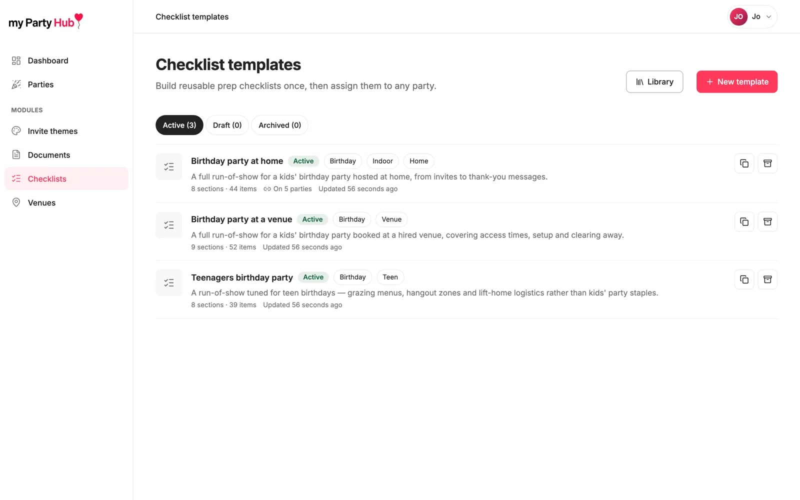 The checklist templates screen, listing reusable planning checklists