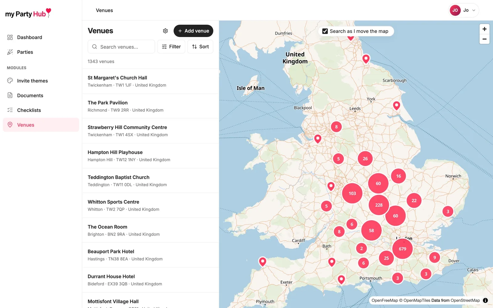 The venue map, with a searchable list of venues beside it