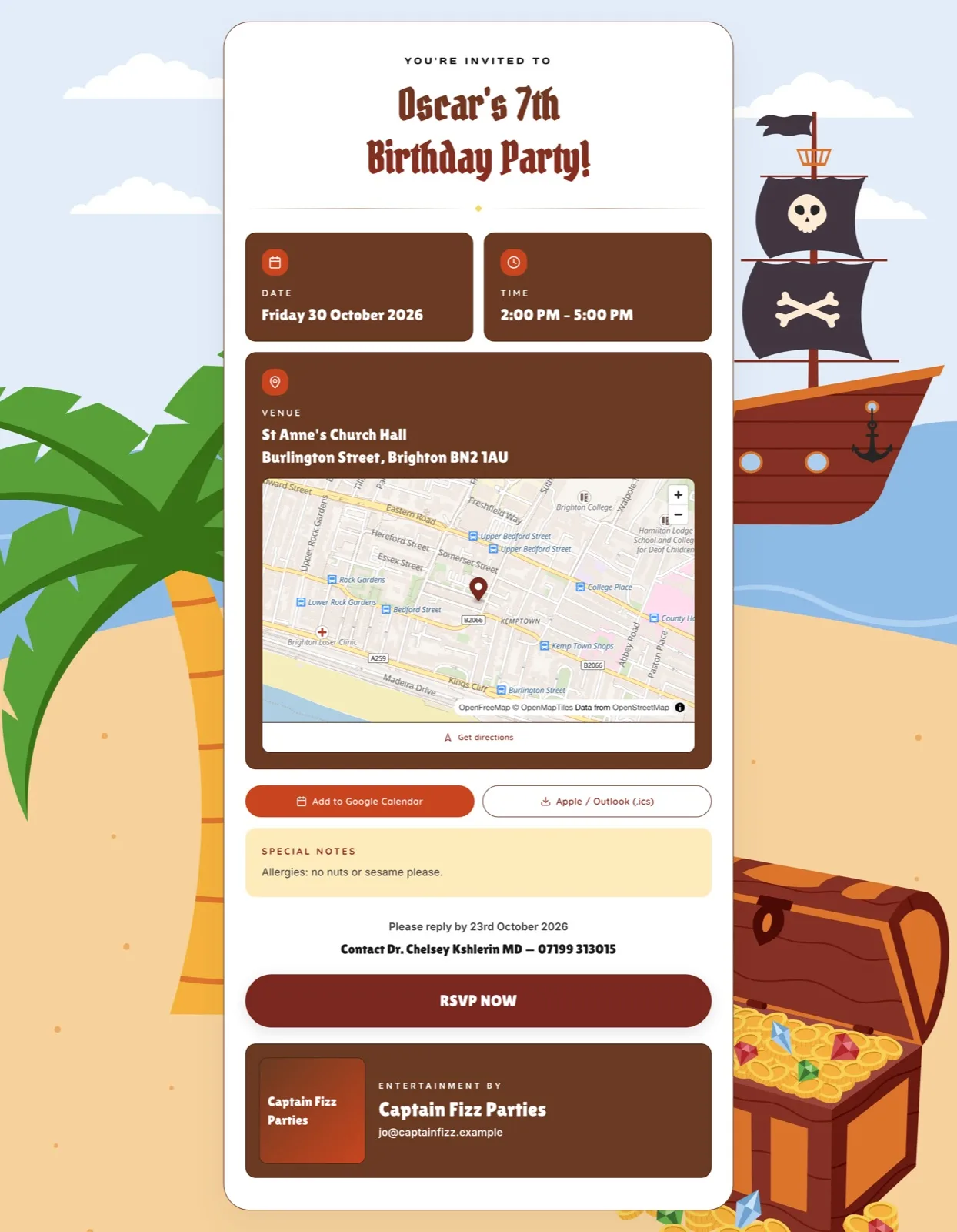 A pirate-themed invite with the date, venue map and RSVP