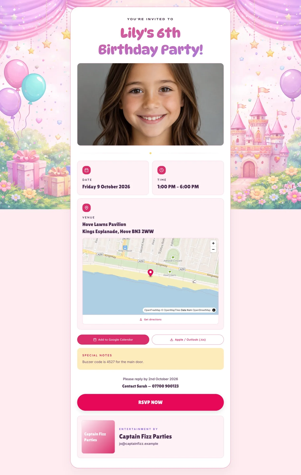 A themed party invite shown in a browser
