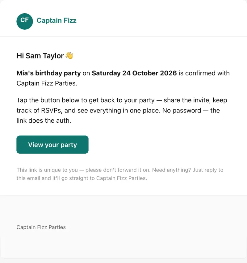 An email to a host, with the entertainer's logo and brand-coloured button