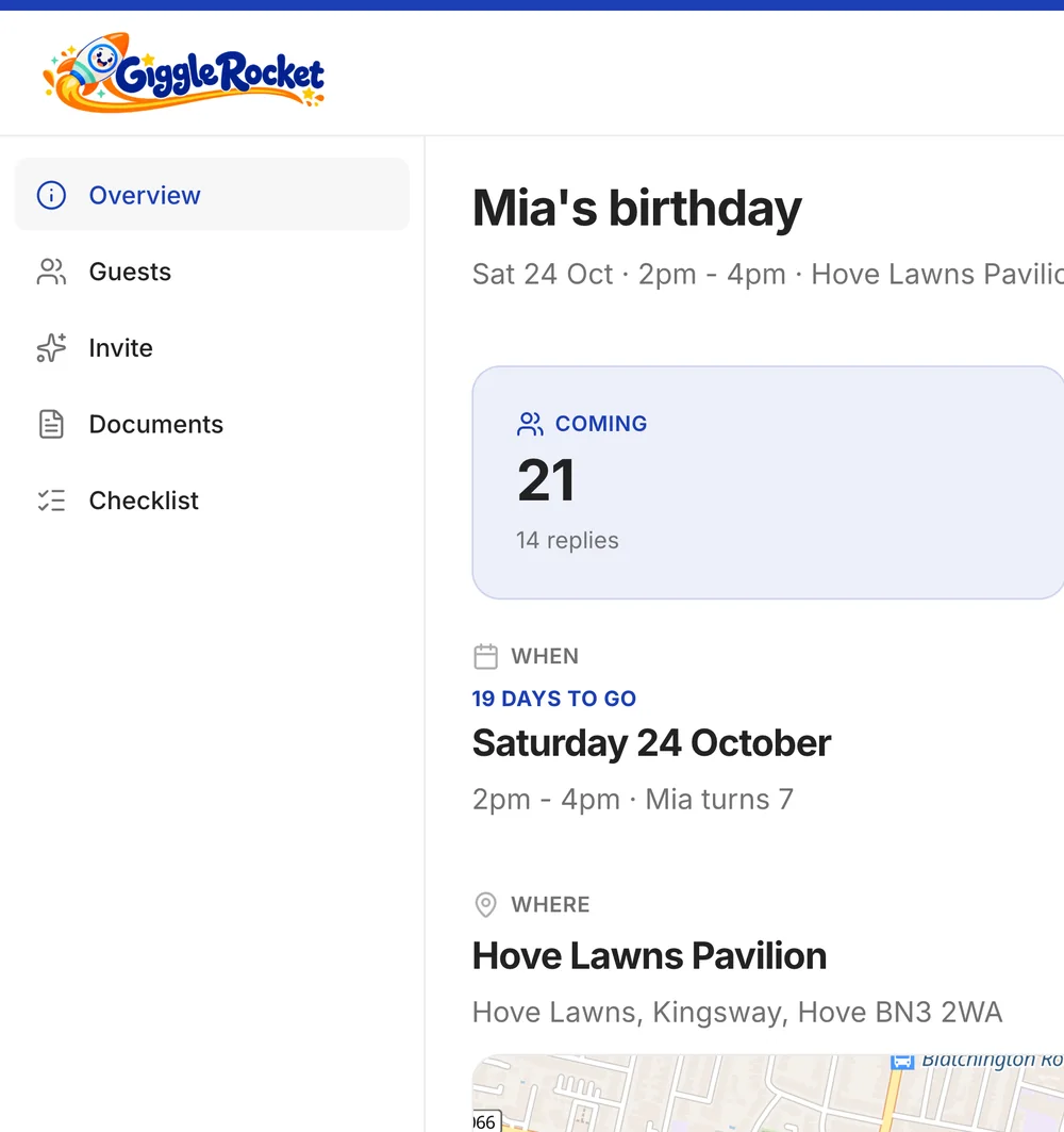The host page for a party, with the Giggle Rocket logo at the top, a blue top edge and blue accents