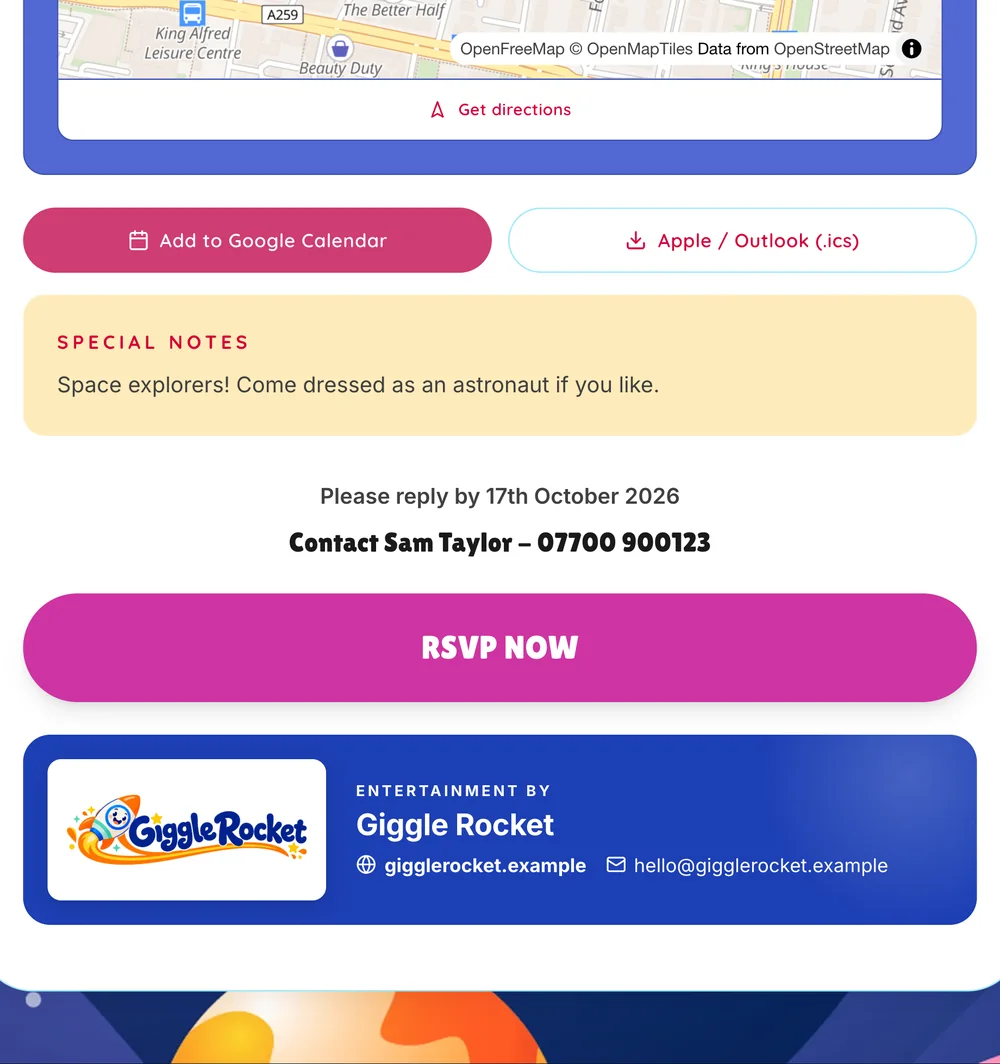 The foot of a party invite with an Entertainment by Giggle Rocket card showing the logo, website and email