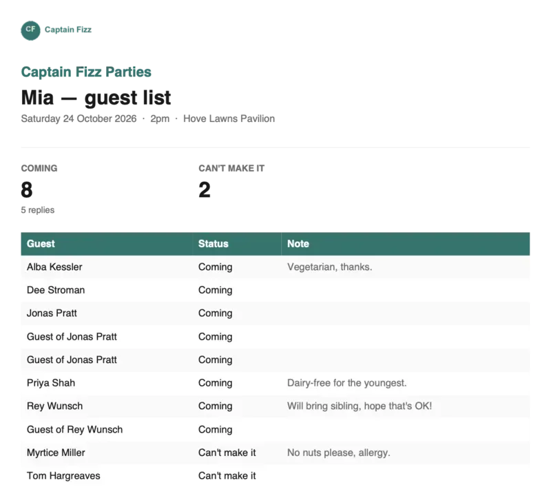 A guest-list PDF with the entertainer's logo and brand colour