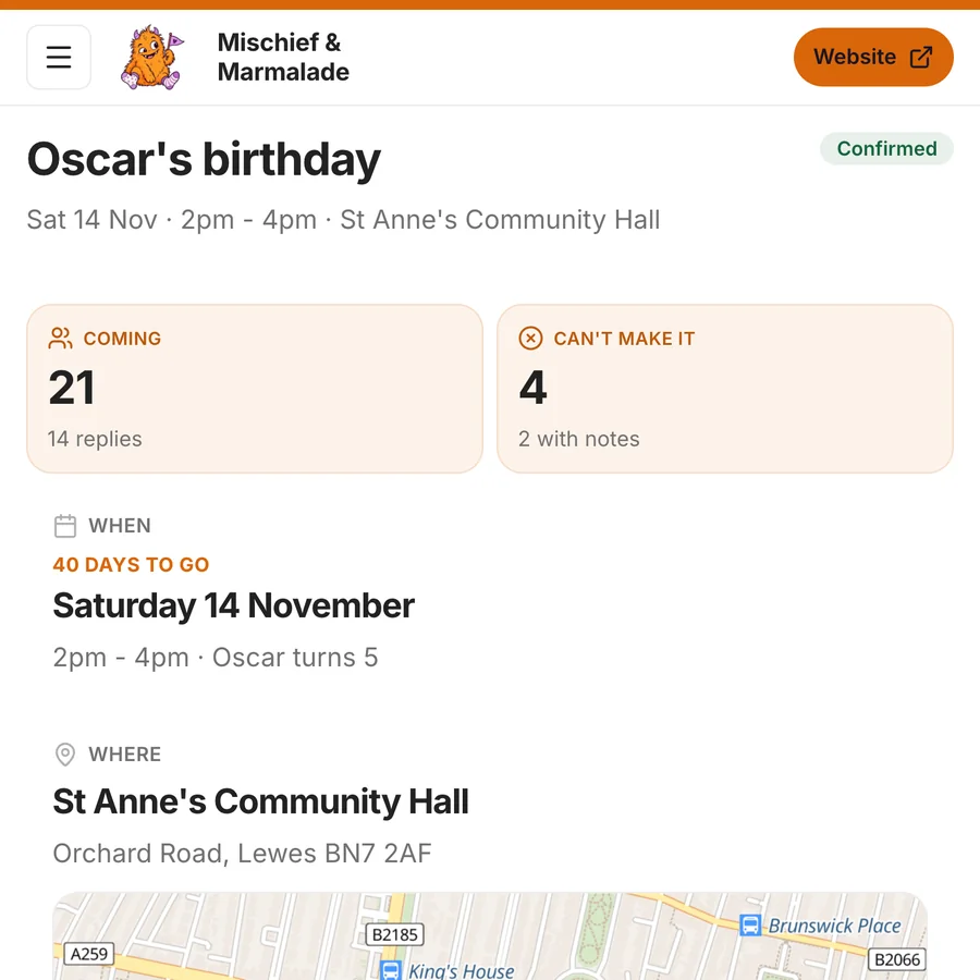 The host page for Mischief & Marmalade, with an orange top edge, a monster logo with the business name beside it and orange-tinted Coming and Can't make it boxes