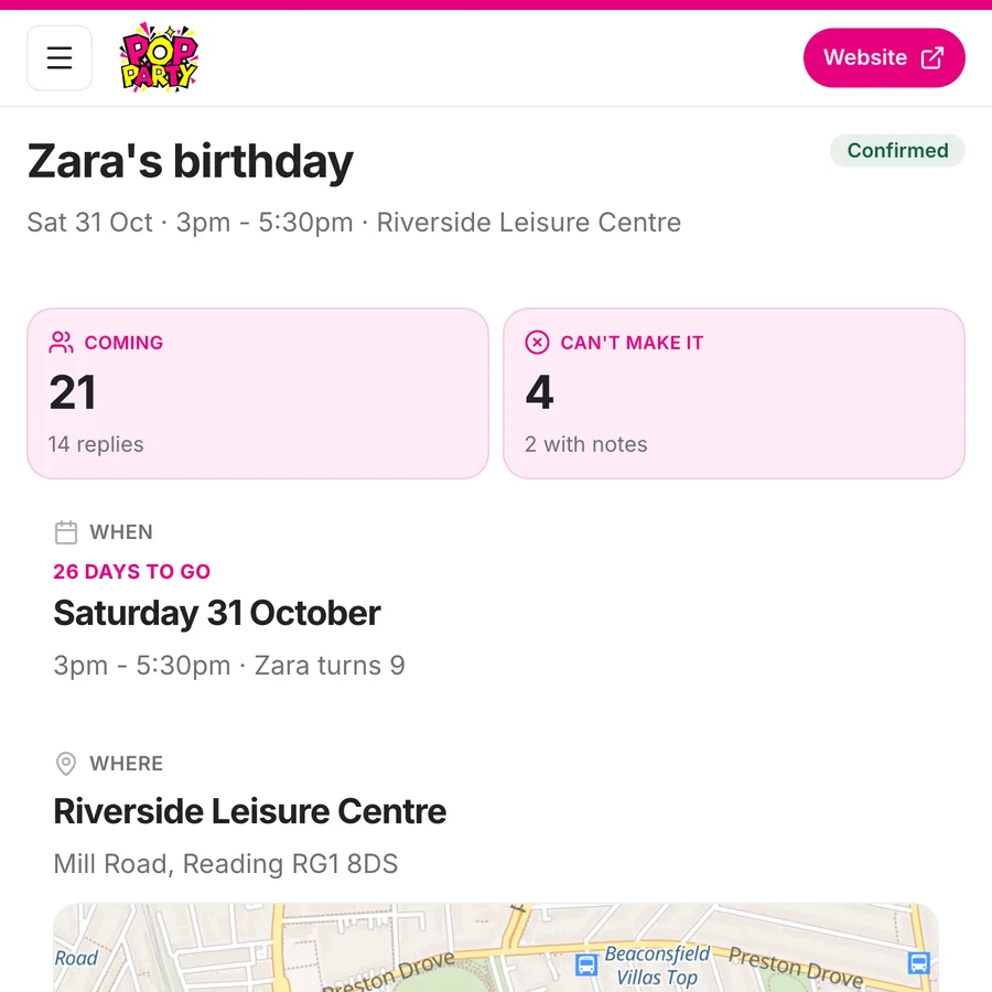 The host page for Pop Party, with a hot pink top edge, the Pop Party logo, a pink Website button and pink-tinted Coming and Can't make it boxes