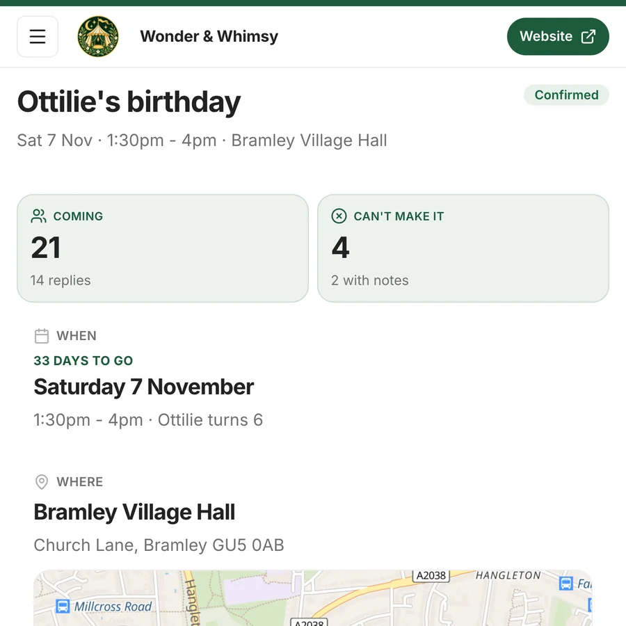 The host page for Wonder & Whimsy, with a green top edge, a circular tent logo with the business name beside it and green-tinted Coming and Can't make it boxes